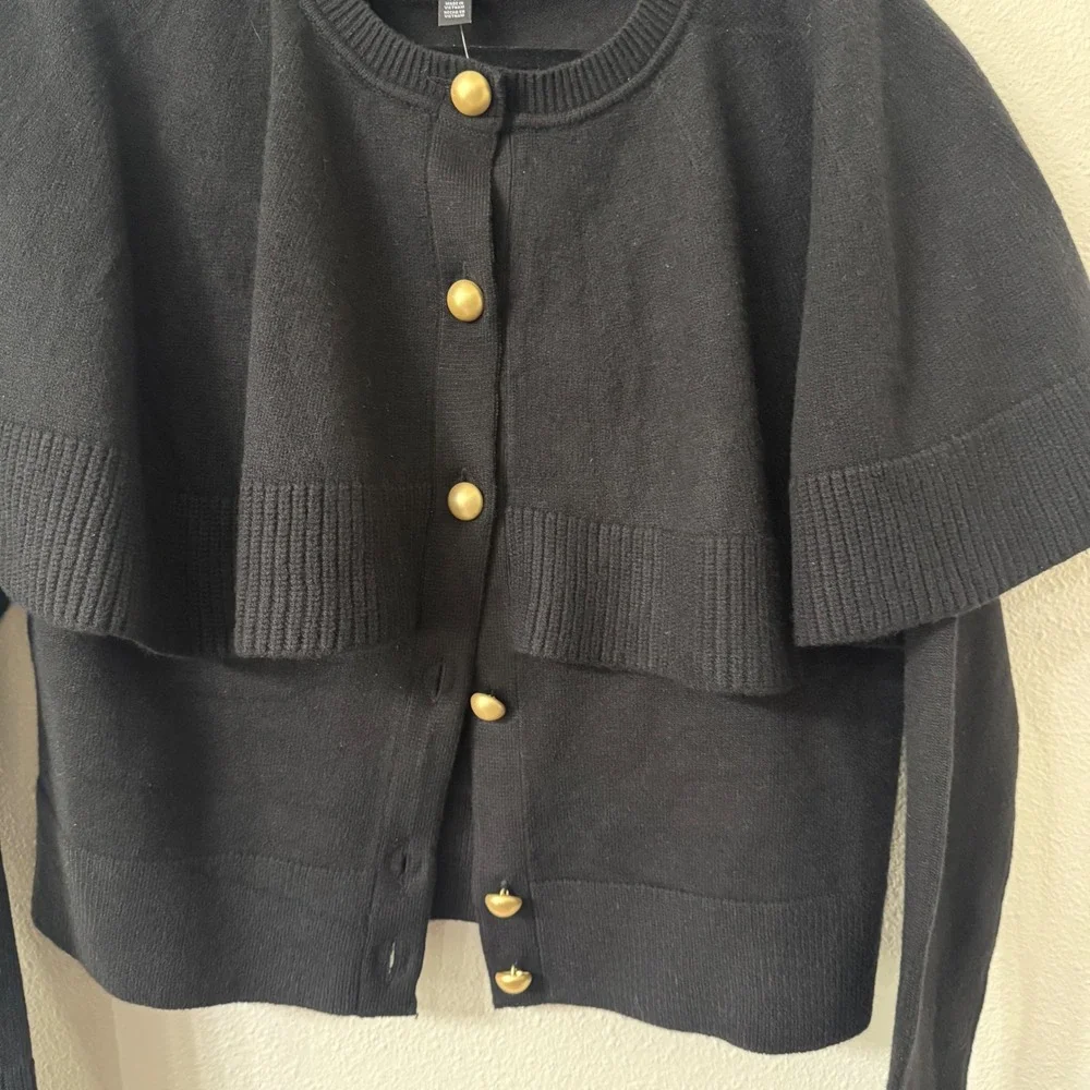 White House Black Market Black Cape Button Front Preppy Cardigan Gold Button MD - Picture 3 of 13